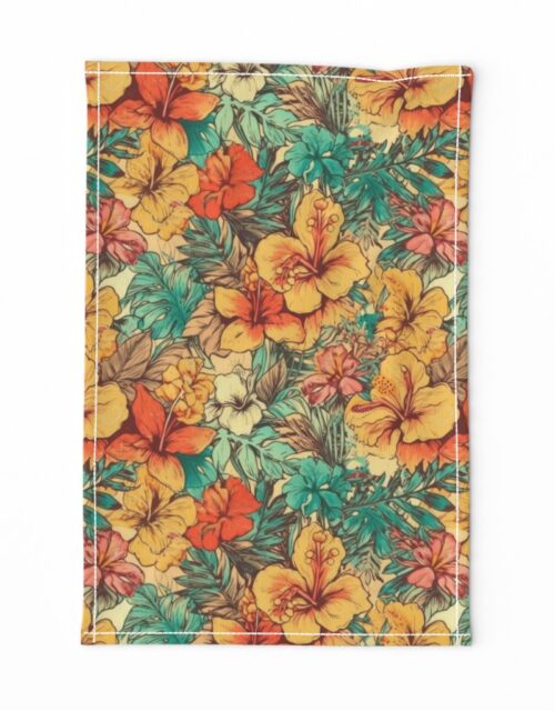 Soft Vintage Hawaiian Hibiscus Watercolor in Coral Orange Tea Towel