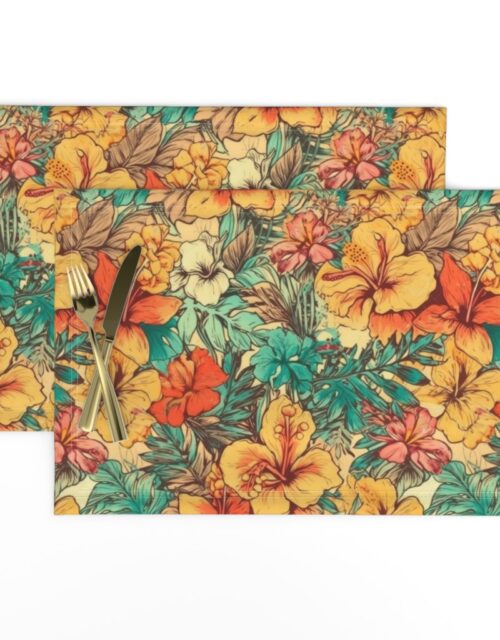 Soft Vintage Hawaiian Hibiscus Watercolor in Coral Orange Placemats