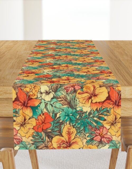 Soft Vintage Hawaiian Hibiscus Watercolor in Coral Orange Table Runner