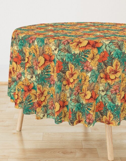 Soft Vintage Hawaiian Hibiscus Watercolor in Coral Orange Round Tablecloth