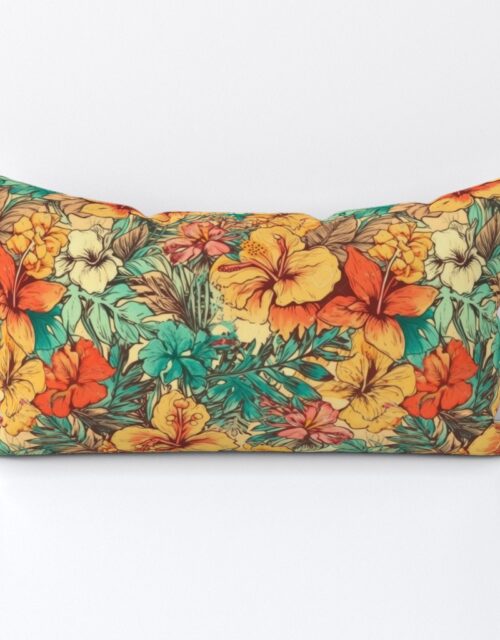 Soft Vintage Hawaiian Hibiscus Watercolor in Coral Orange Lumbar Throw Pillow