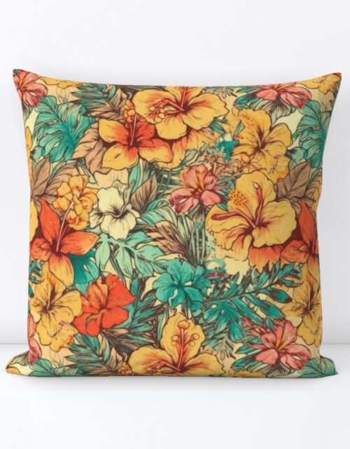 Soft Vintage Hawaiian Hibiscus Watercolor in Coral Orange Square Throw Pillow