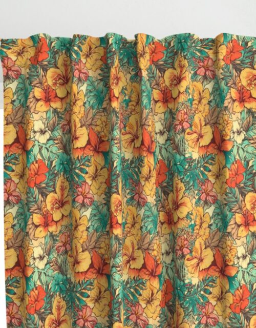 Soft Vintage Hawaiian Hibiscus Watercolor in Coral Orange Curtains