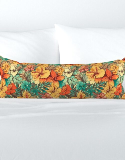 Soft Vintage Hawaiian Hibiscus Watercolor in Coral Orange Extra Long Lumbar Pillow