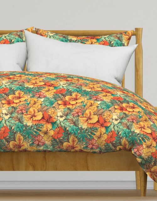 Soft Vintage Hawaiian Hibiscus Watercolor in Coral Orange Duvet Cover