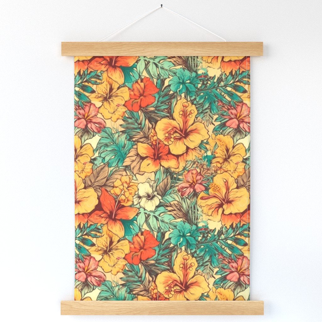 Soft Vintage Hawaiian Hibiscus Watercolor in Coral Orange Wall Hanging