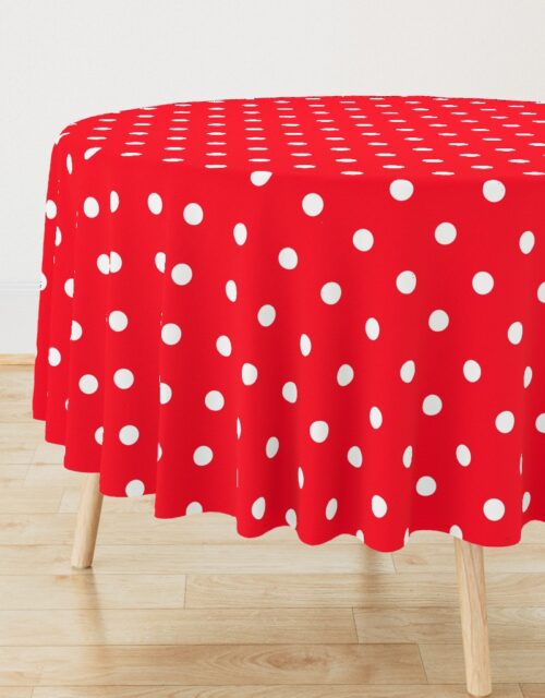 White Polkadots on Cherry Red Round Tablecloth