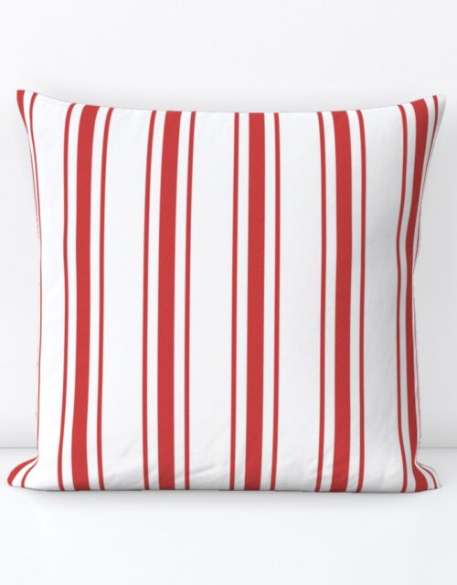 Mattress Ticking Wide Striped Pattern in Red and White Square Throw Pillow