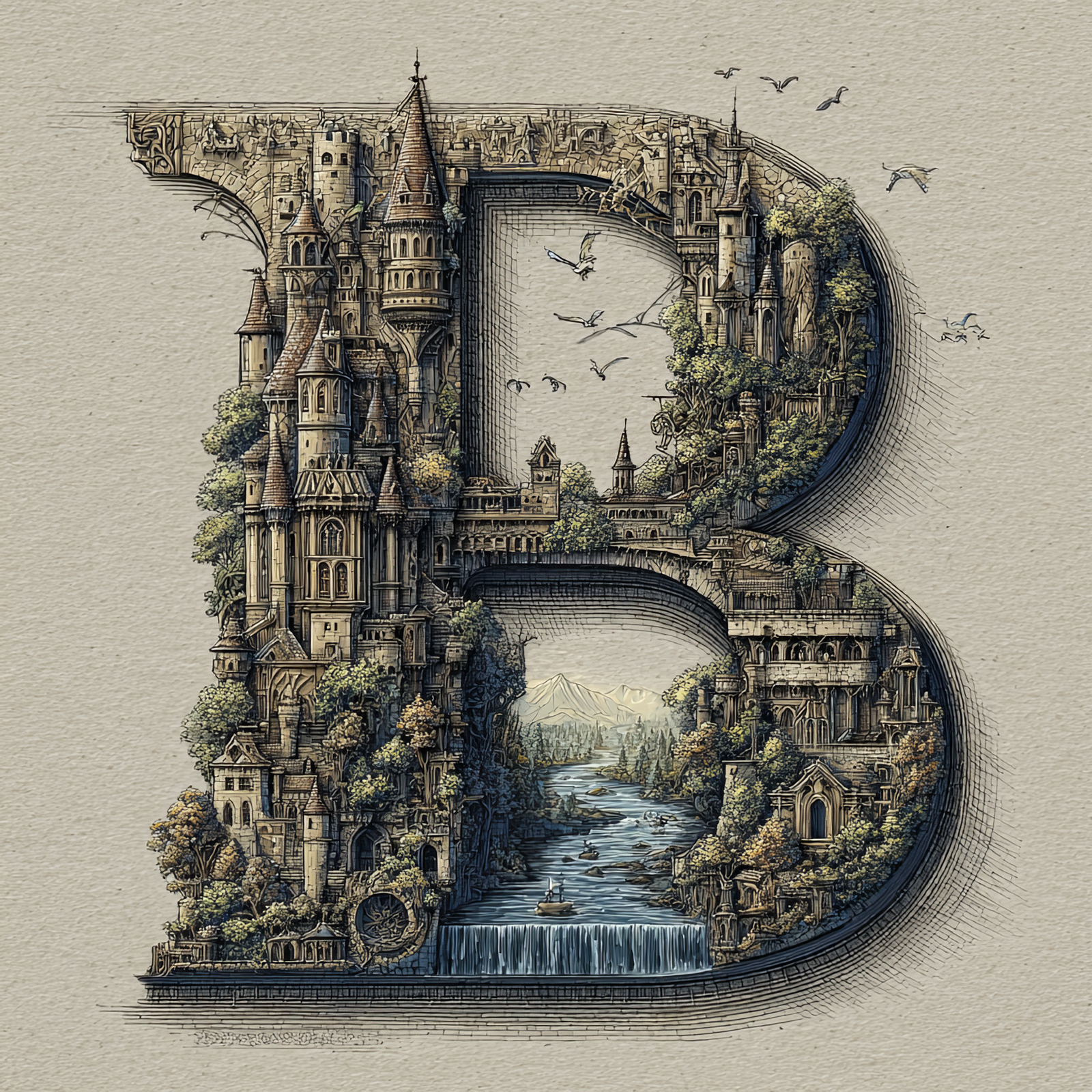 The Letter B: Castles in the Sky Fantasy Alphabet Art