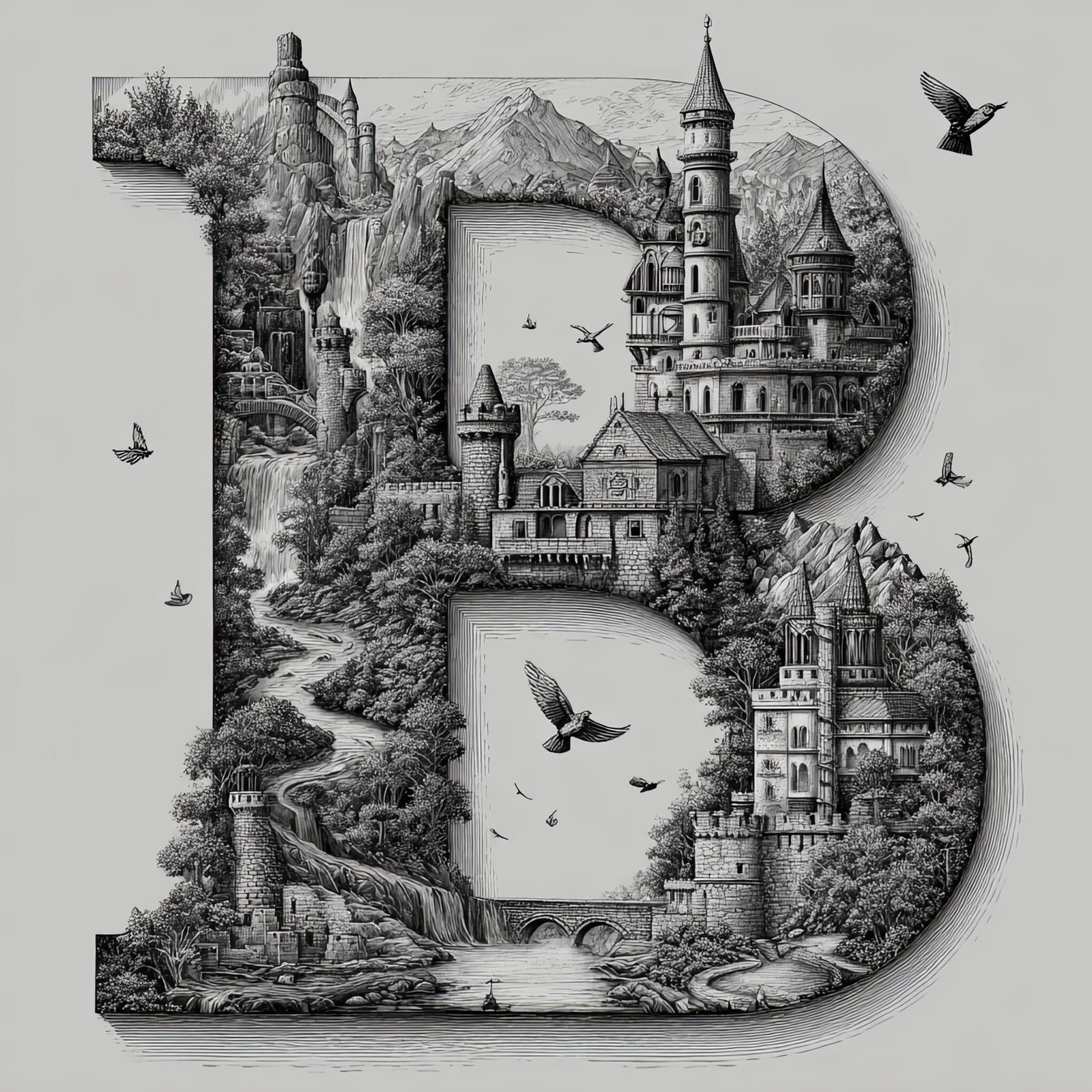 The Letter B: Castles in the Sky Fantasy Alphabet Art