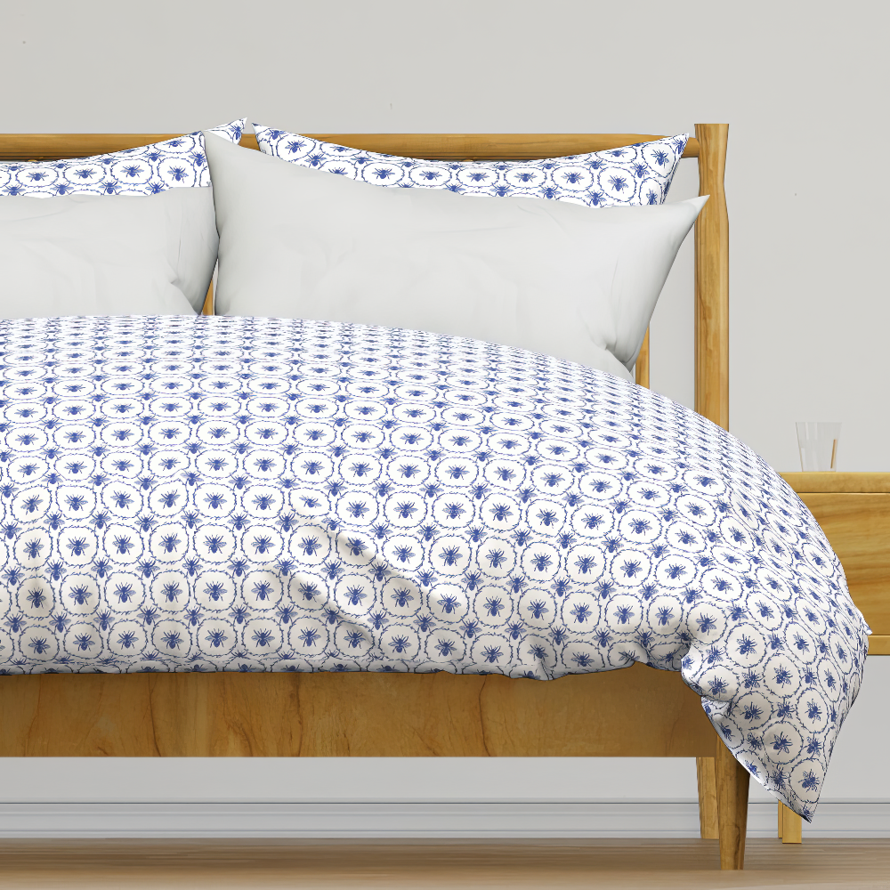 Duvet Cover in Royal Blue Honey Bees in Wreaths