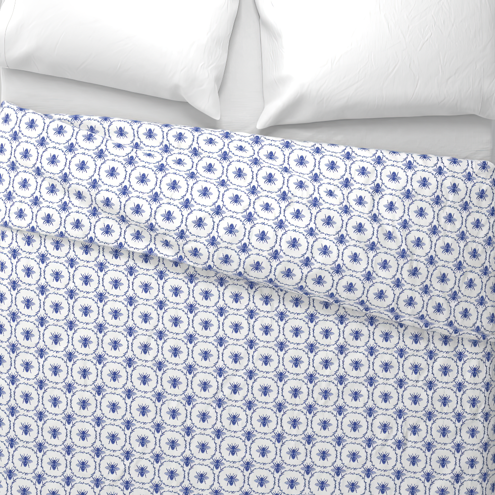 Duvet Cover in Royal Blue Honey Bees in Wreaths