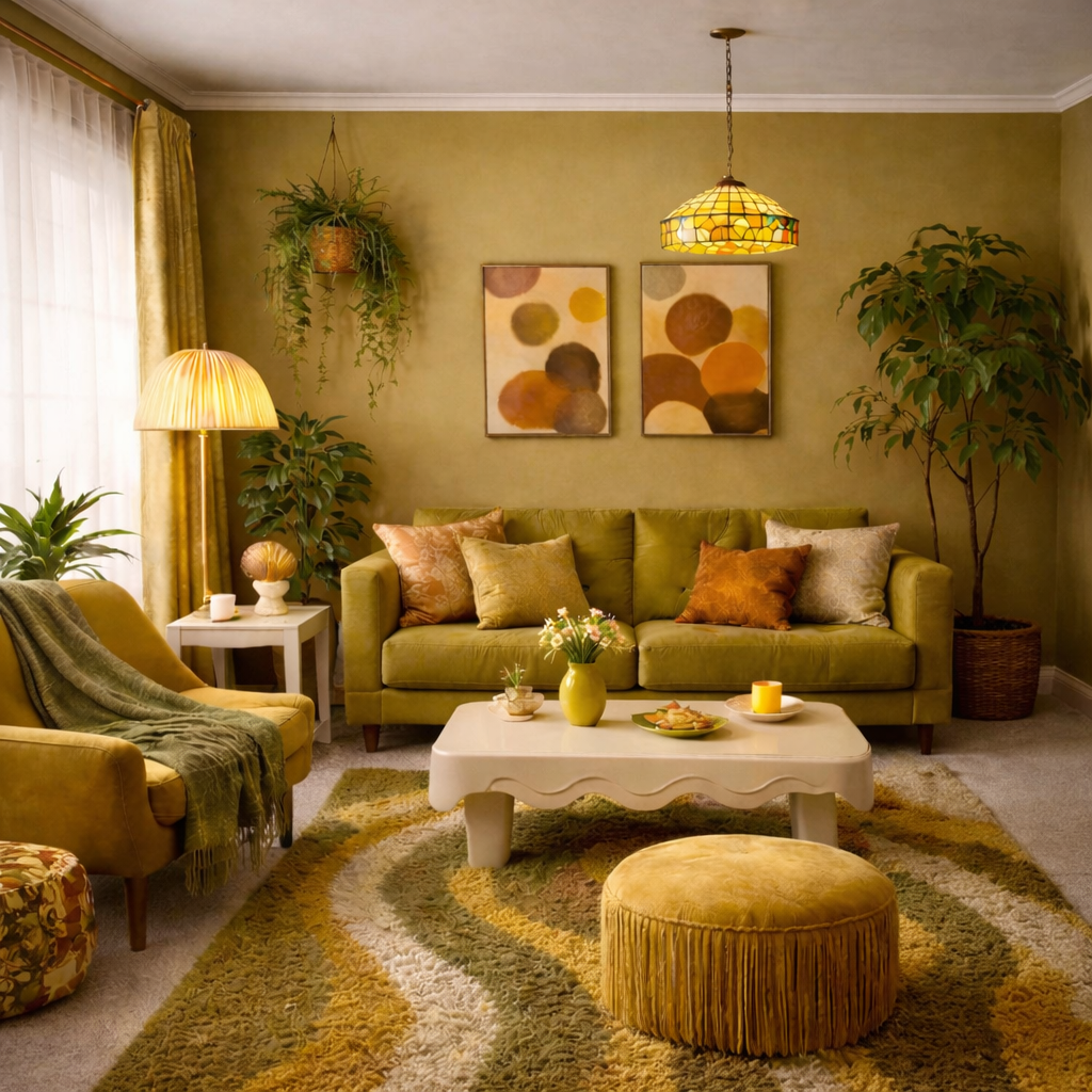 Olive and mustard living room interior showing cohesive color palette