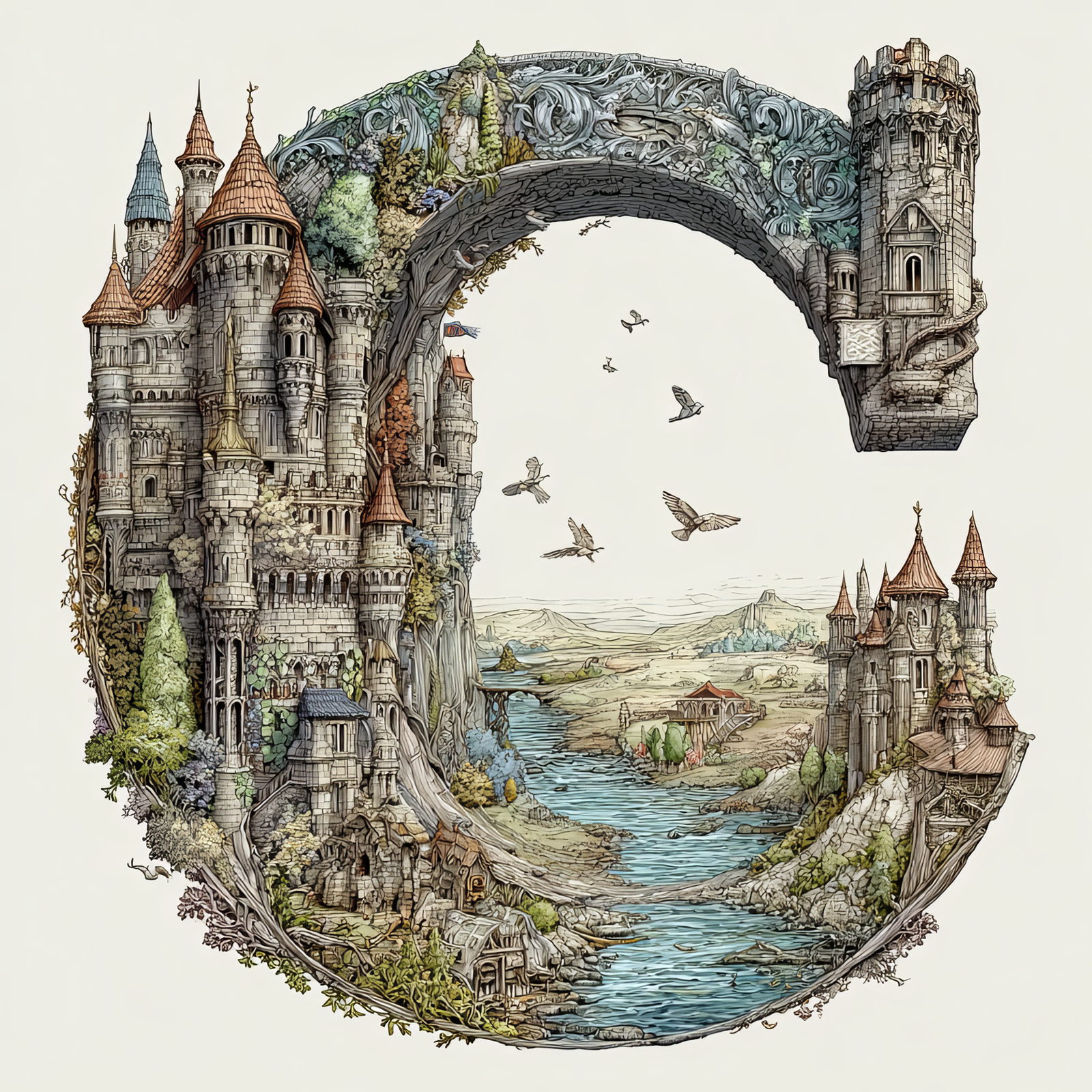 The Letter C: Castles in the Sky Fantasy Alphabet Art