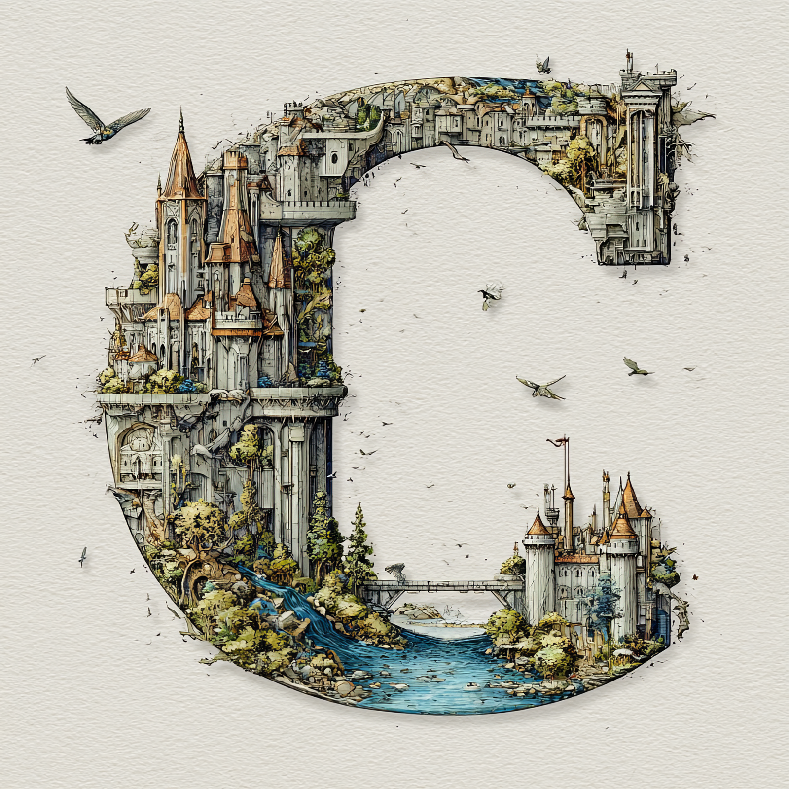 The Letter C: Castles in the Sky Fantasy Alphabet Art