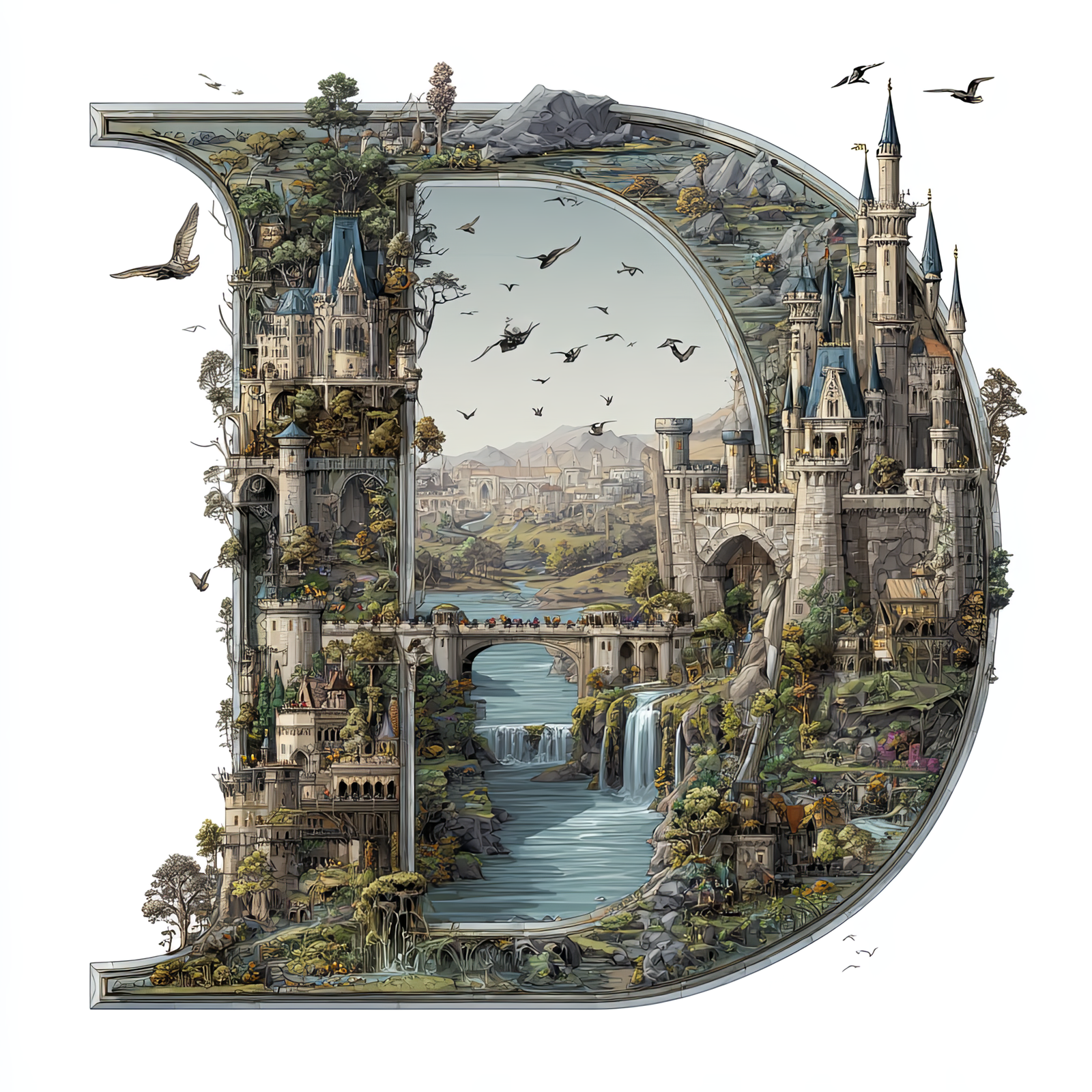 The Letter D: Castles in the Sky Fantasy Alphabet Art