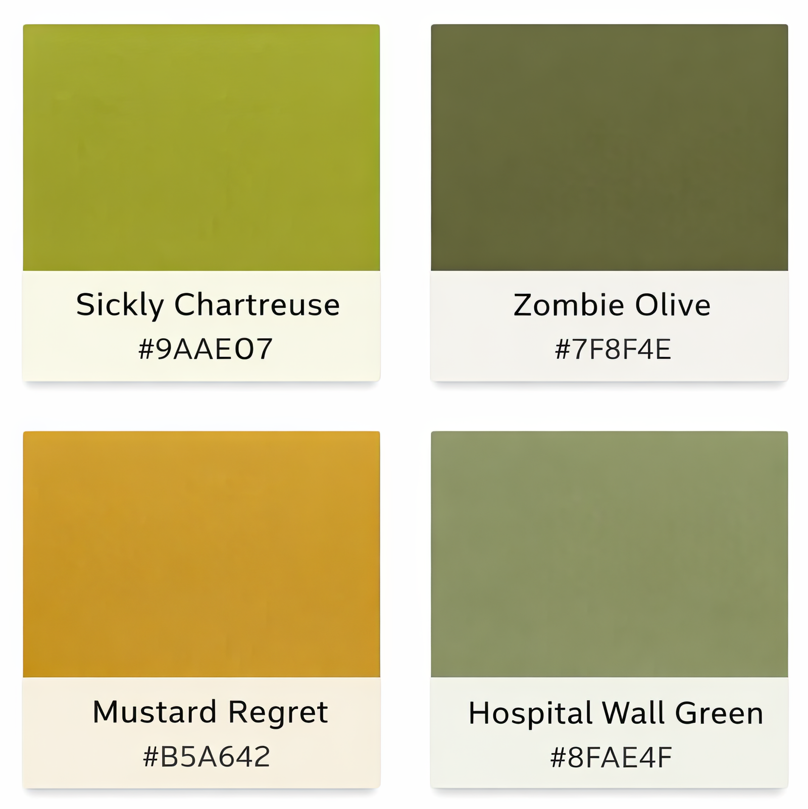 Four square color swatches labeled Sickly Chartreuse, Zombie Olive, Mustard Regret, and Hospital Wall Green with hex codes