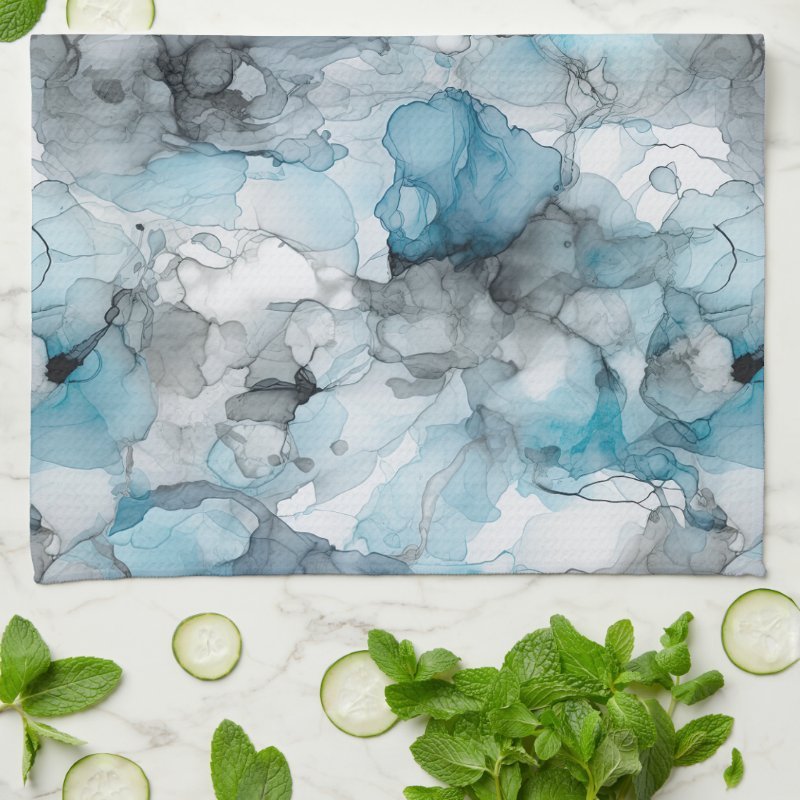 Dusk Blue Grey Alcohol Liquid Ink Swirls Kitchen Towel