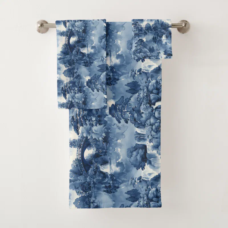 Japanese Water Garden in Blue and White Porcelain Bath Towel Set
