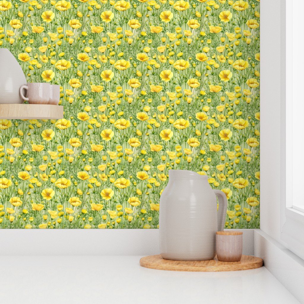 Buttercup Fields Seamless Repeat of Golden Flowers Wallpaper