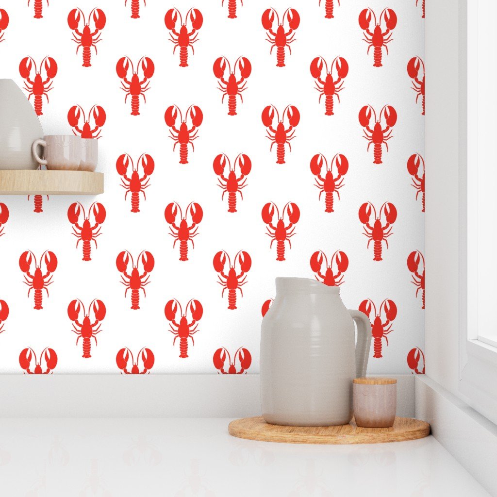 Handdrawn Motif of a Red Lobster on White Wallpaper