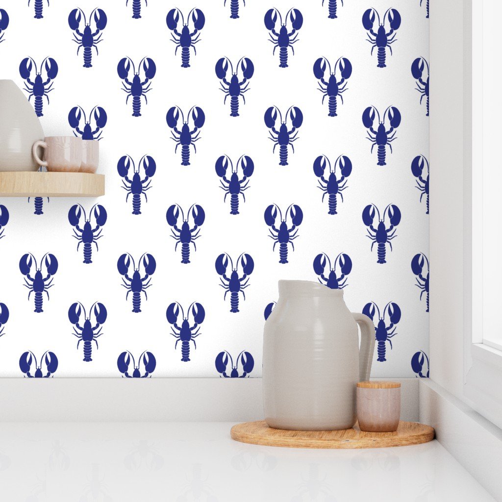 Handdrawn Motif of a Blue Lobster on White Wallpaper