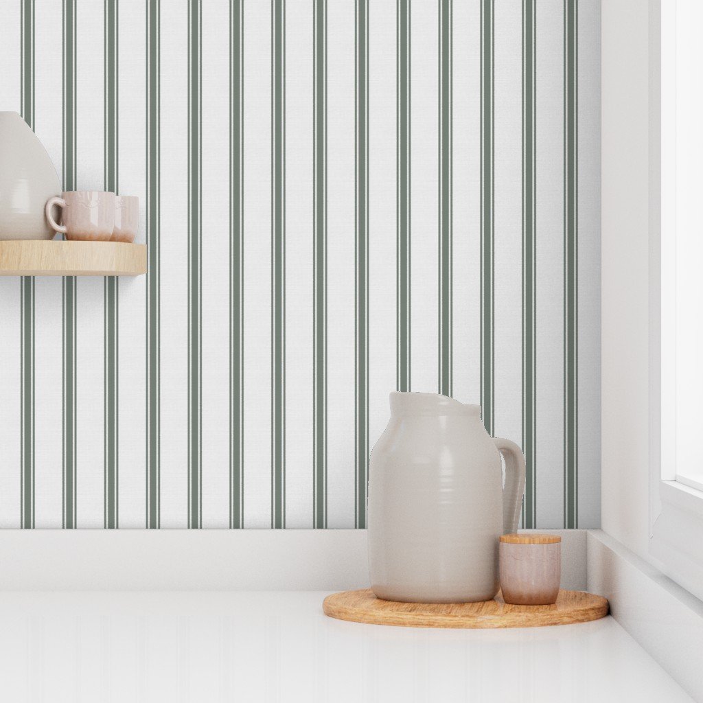 Sage Green on Off-White French Provincial Mattress Ticking Stripe Wallpaper