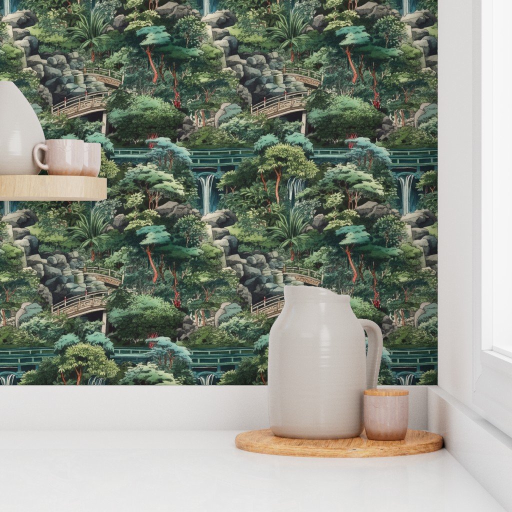 Small Japanese Water Garden with Bridges Wallpaper