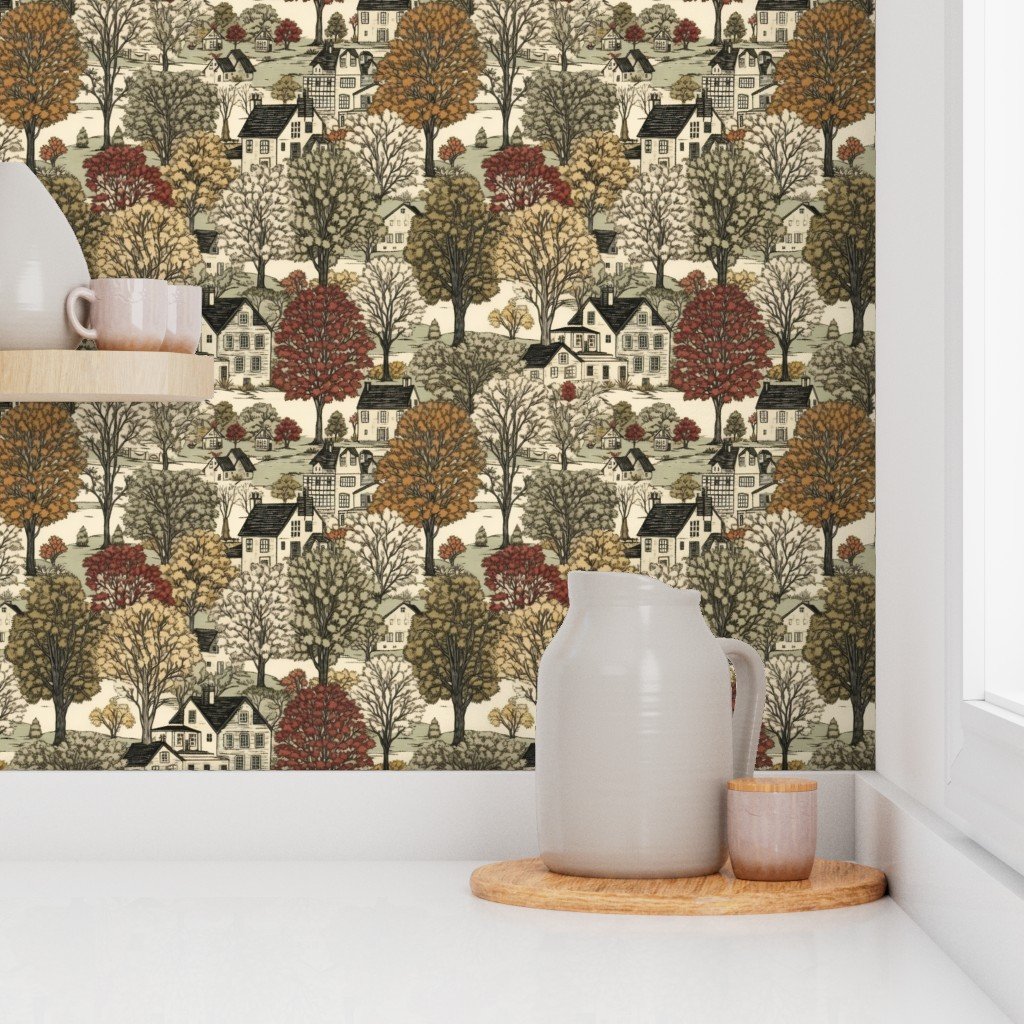 New England Village Houses with Trees in Muted Colors Wallpaper