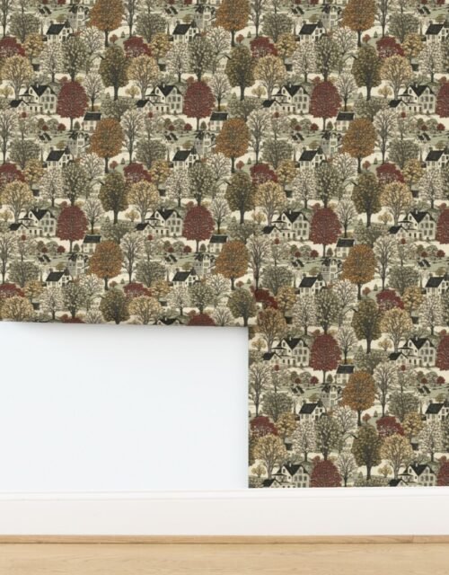 New England Village Houses with Trees in Muted Colors Wallpaper