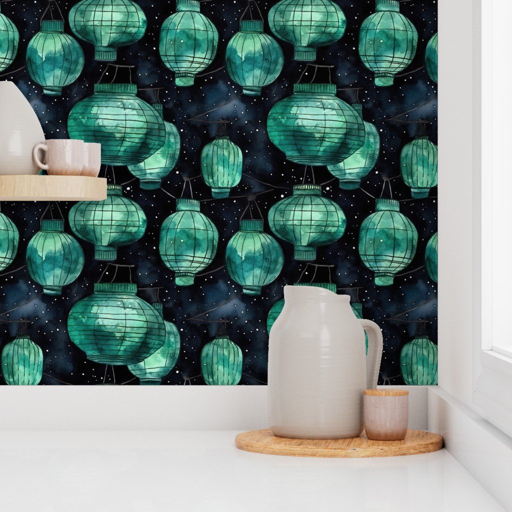 Small Jade Green Glowing Chinese Paper Lanterns Watercolor Wallpaper