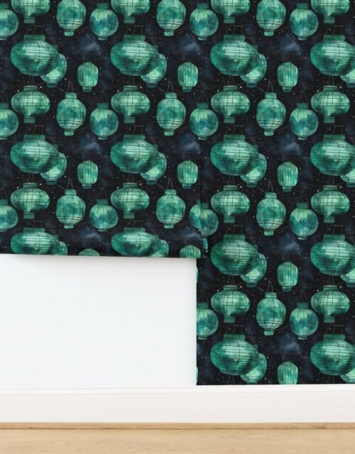 Small Jade Green Glowing Chinese Paper Lanterns Watercolor Wallpaper