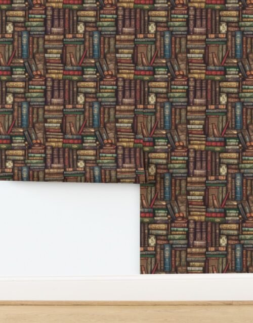 Small Stacked Bound Vintage Books on Library Book Shelf Wallpaper