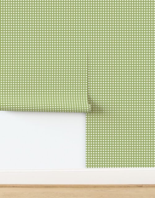 Grass Green on White Rattan Caning Pattern Wallpaper