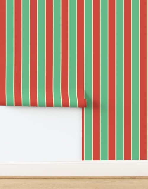 3 Inch Red Vermillion Green and Yellow Gold Vintage Christmas Stripe Wallpaper