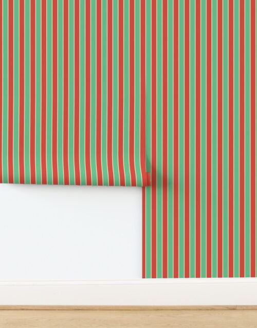 1 Inch Red Vermillion Green and Yellow Gold Vintage Christmas Stripe Wallpaper