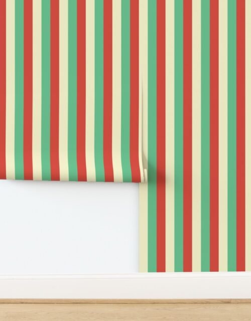 Equal 2 Inch Red Vermillion Green and Yellow Gold Vintage Christmas Stripe Wallpaper