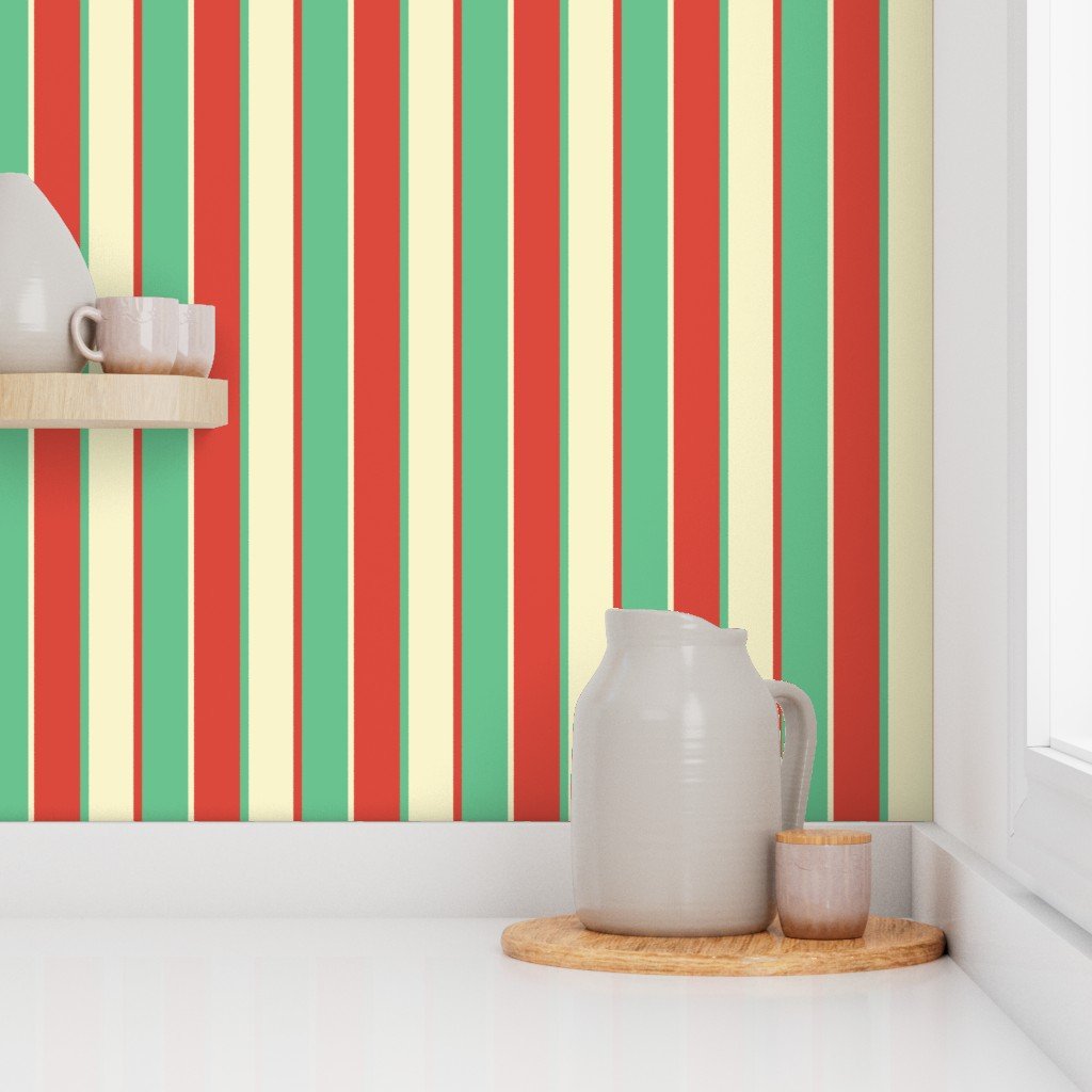 Alternating Red Vermillion Green and Yellow Gold Vintage Christmas Stripe Wallpaper