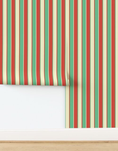 Alternating Red Vermillion Green and Yellow Gold Vintage Christmas Stripe Wallpaper