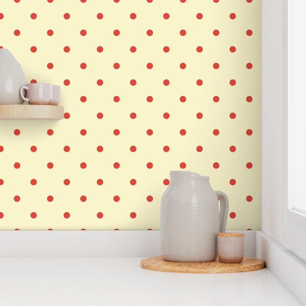 Red Vermillion Polka Dots on Vintage Christmas Yellow Gold Wallpaper