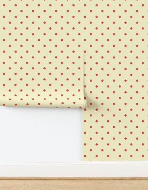 Red Vermillion Polka Dots on Vintage Christmas Yellow Gold Wallpaper