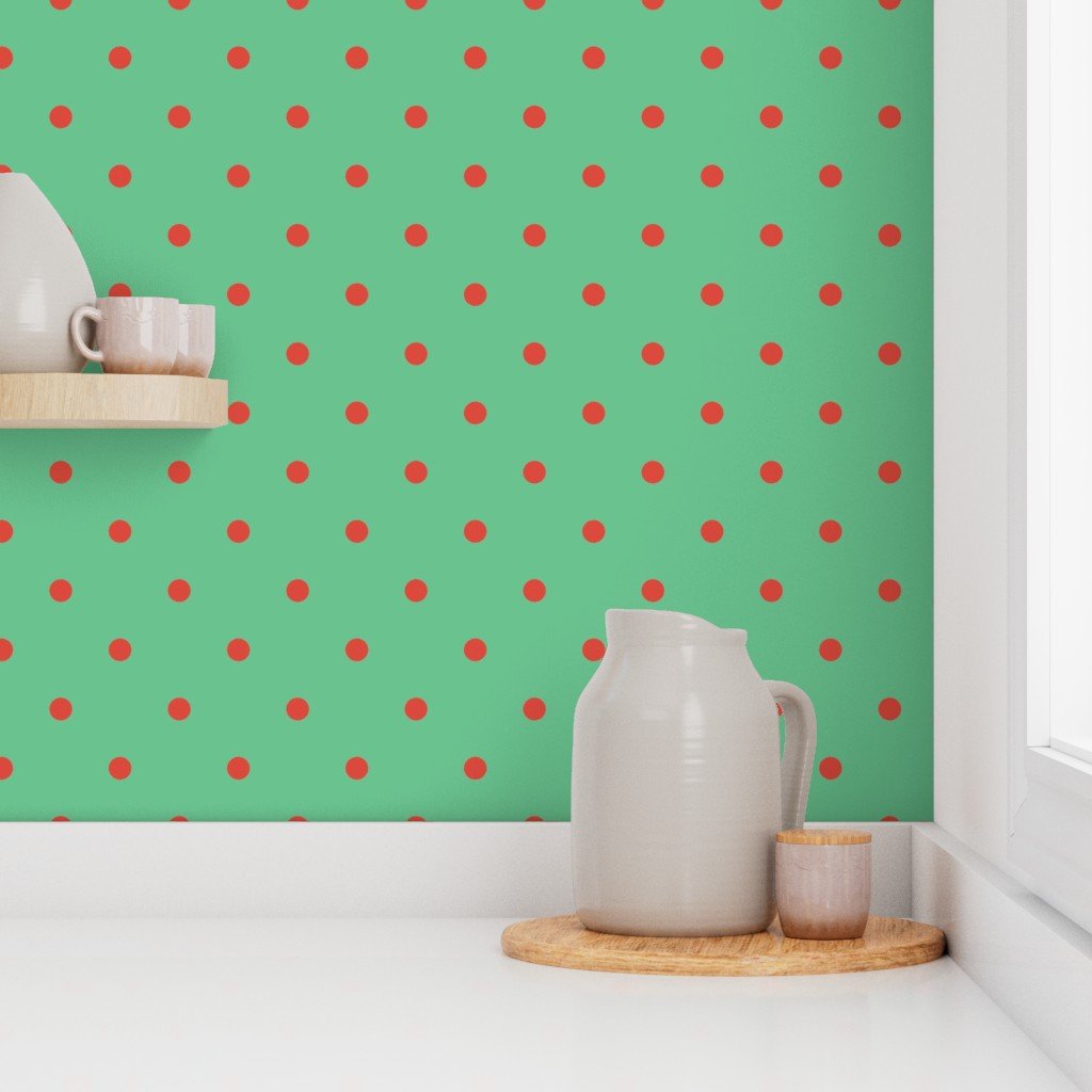 Red Vermillion Polka Dots on Vintage Christmas Green Wallpaper
