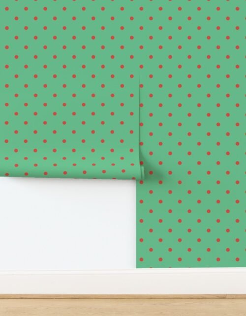 Red Vermillion Polka Dots on Vintage Christmas Green Wallpaper