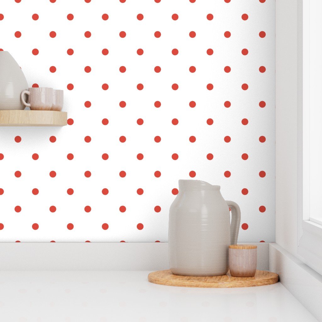 Red Vermillion Polka Dots on Vintage Christmas Snowy White Wallpaper