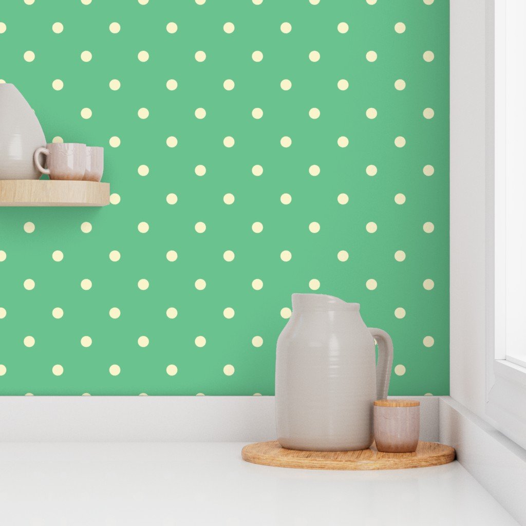 Yellow Gold Polka Dots on Vintage Christmas Green Wallpaper
