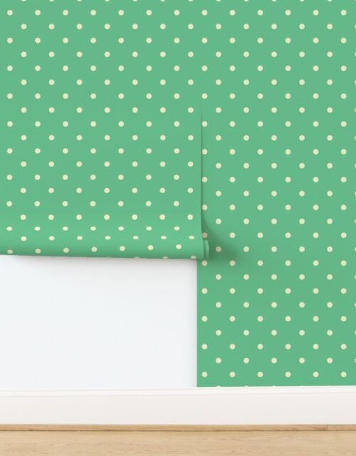 Yellow Gold Polka Dots on Vintage Christmas Green Wallpaper