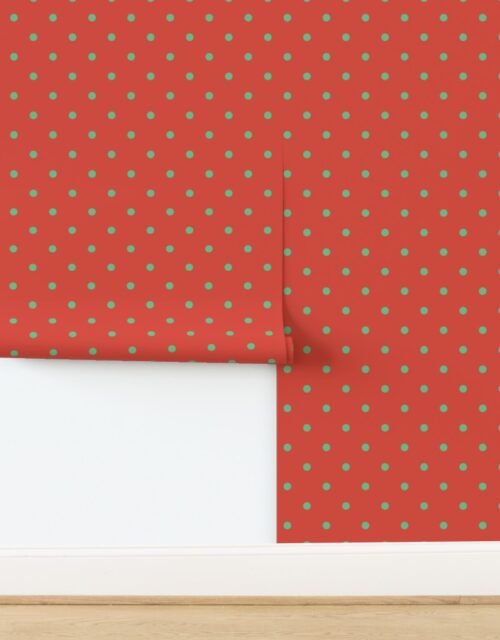 Green Polka Dots on Vintage Christmas Red Vermillion Wallpaper