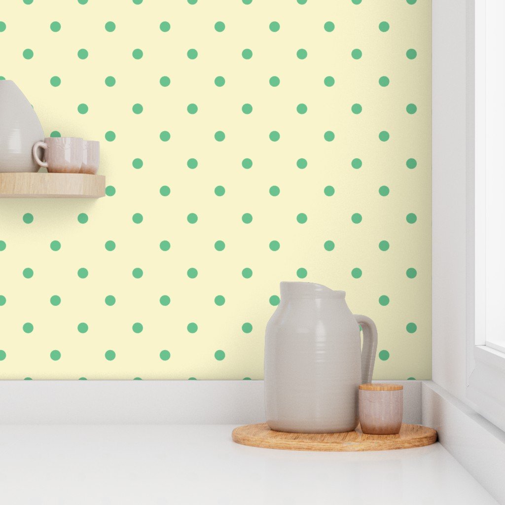 Green Polka Dots on Vintage Christmas Yellow Gold Wallpaper