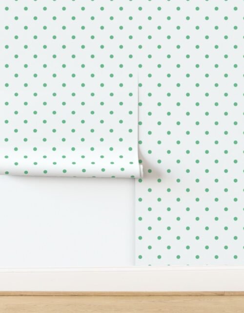 Green Polka Dots on Vintage Christmas Snowy White Wallpaper
