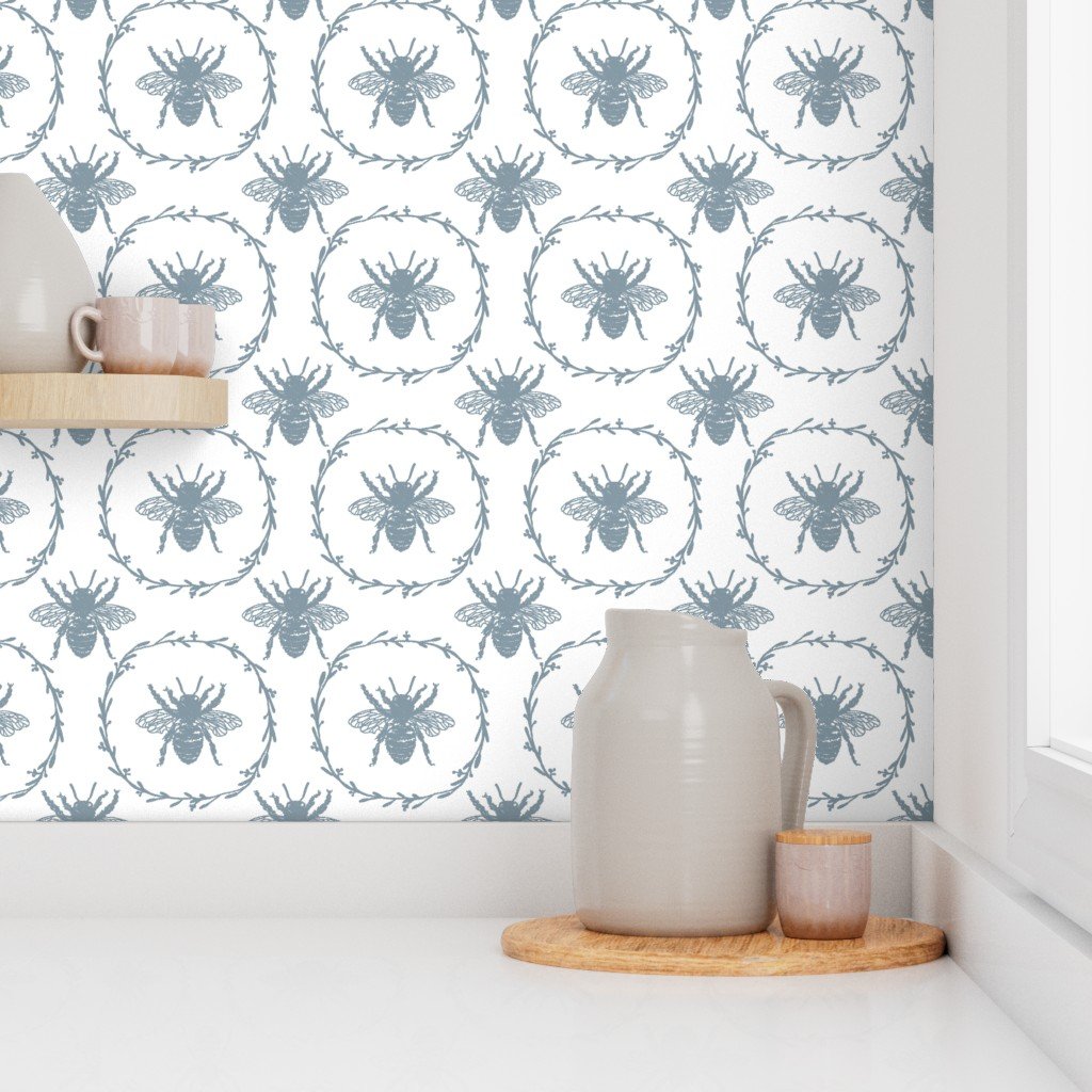 Large French Provincial Bees in Laurel Wreaths in Winter Blue on White Wallpaper
